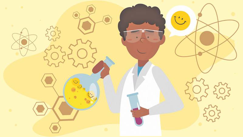 Un científico sostiene una probeta con líquido amarillo y caritas sonrientes.