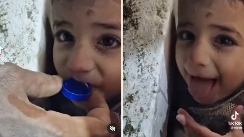 Niño pasó 45 horas bajo los escombros y bebe agua en una tapa de botella