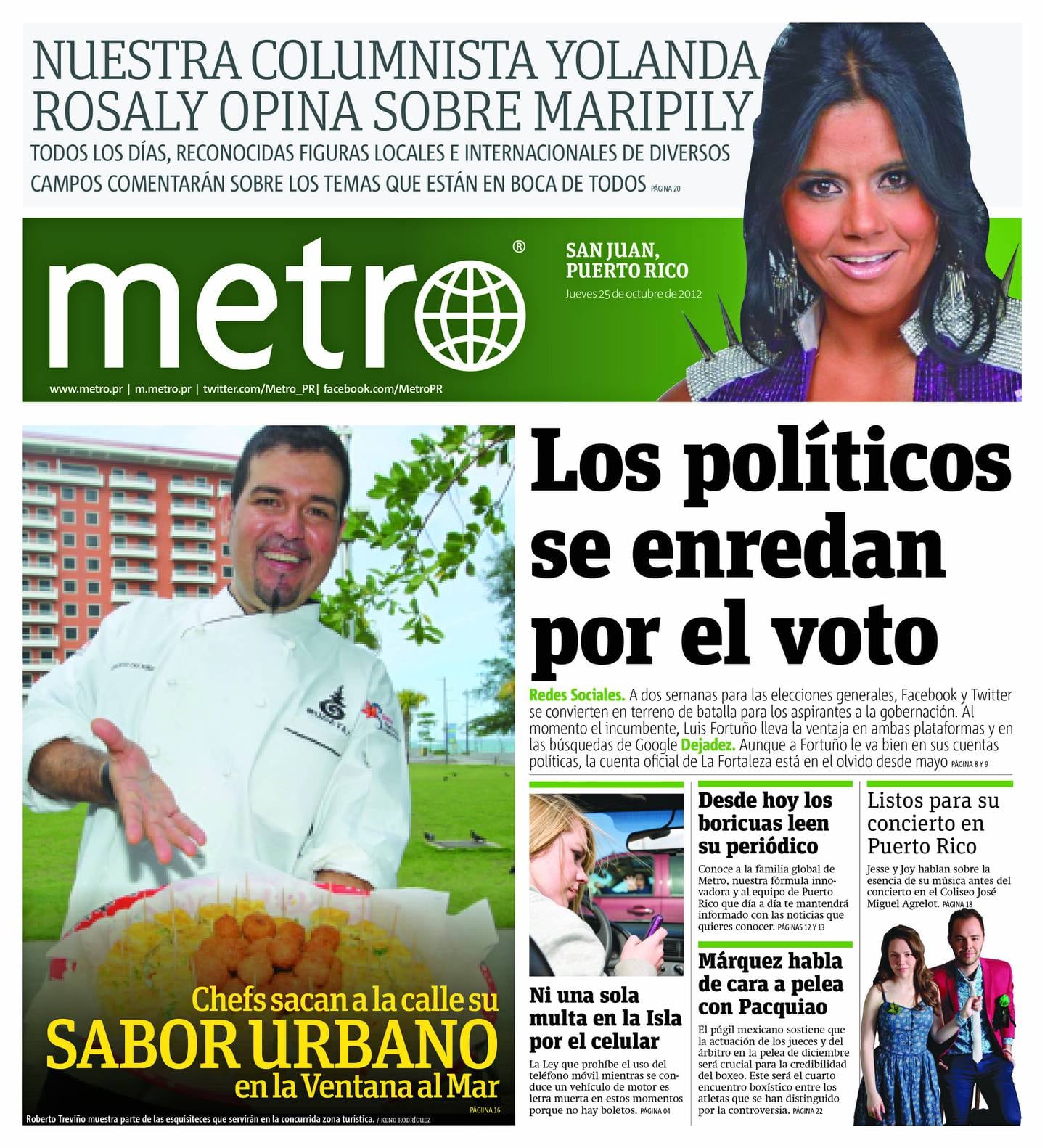 Primera portada de Metro, del 25 de octubre de 2012
